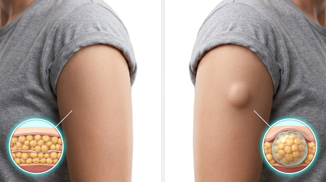 Lipoma Fatty Lump Benign Tumor, medical illustration comparing normal body fat with a localized fatty mass under the skin of the upper arm