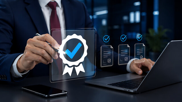Businessman holding stylus touching virtual quality assurance certificate badge icon for corporate business compliance evaluation standard guarantee online document approval