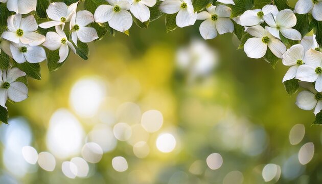 white dogwood flowers arch border with bokeh background