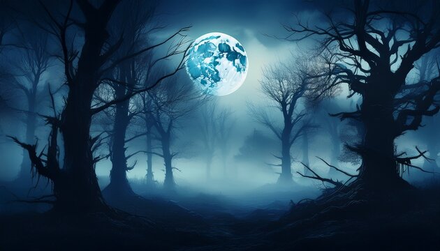 gloomy spooky forest trees silhouette landscape with full moon and dark foggy light