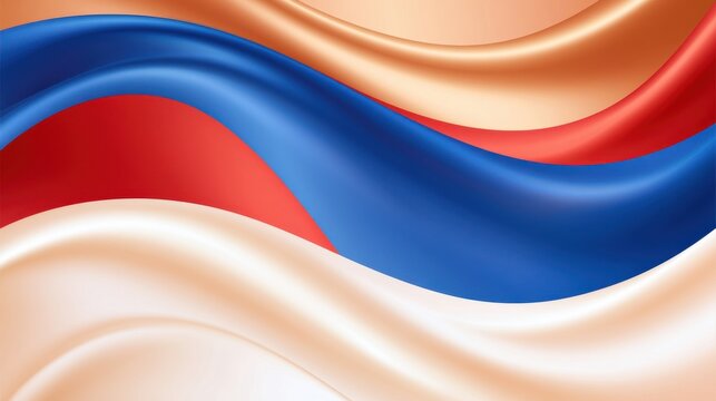 Abstract flowing tricolor fabric with soft folds in blue red and beige