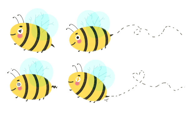 Set of cute hand drawn bumblebee characters with different facial expressions in textured doodle style.