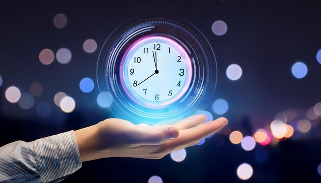 open hand holding a glowing digital clock with bokeh lights in the background time palm