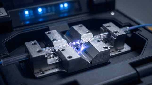 Optical fiber fusion splicer machine connects telecommunication cables with high precision laser light.