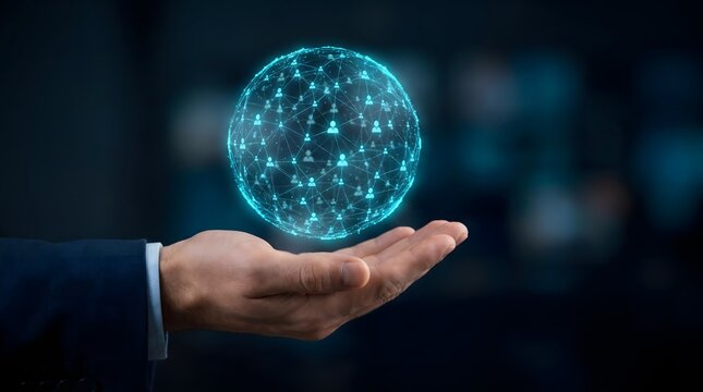 A businessman's hand holding a glowing blue digital globe populated with user profile icons.