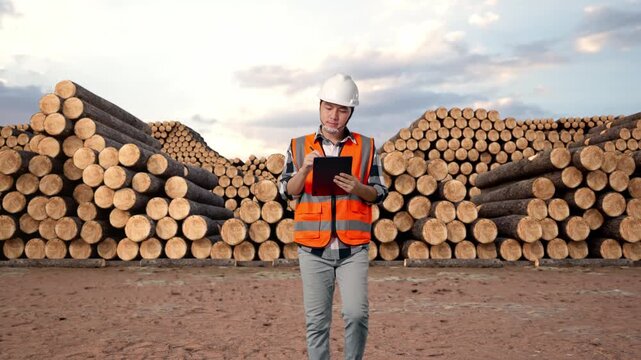 Front View of Asian Male Engineer Taking Note on Tablet While Walking with Stacked timber logs pile at outdoor lumber yard