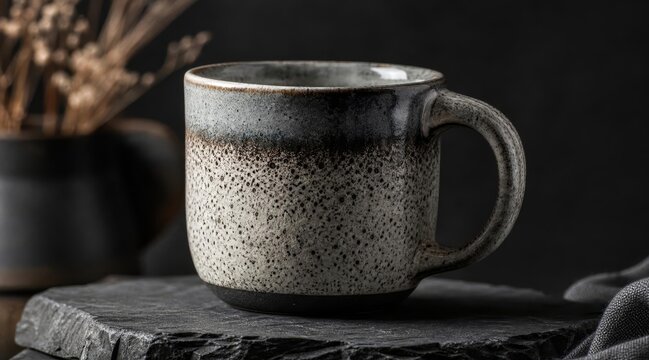 Artisanal speckled ceramic mug on slate display