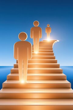 Glowing human icons ascending golden stairs against blue gradient sky
