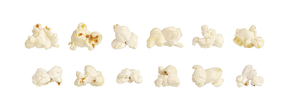 pieces of salty popcorn representing home cinema and entertainment. Clear studio shot on white background. Ideal for social media content, streaming service ads, and event flyers.