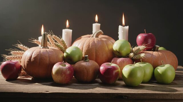 Thanksgiving holiday centerpiece with pumpkins and apples