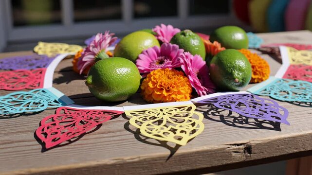 Colorful fiesta celebration with papel picado and limes