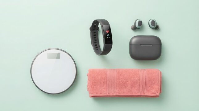 Fitness tracker watch wireless earbuds and weighing scale with a towel for a healthy lifestyle flat lay view on a light background