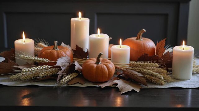 Autumn centerpiece with burning candles and pumpkins