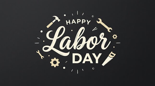 Happy labor day greeting card design with hand drawn construction tools on a dark textured background