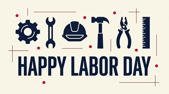 Happy labor day greeting card design featuring various industrial construction tools and a hard hat icon illustration