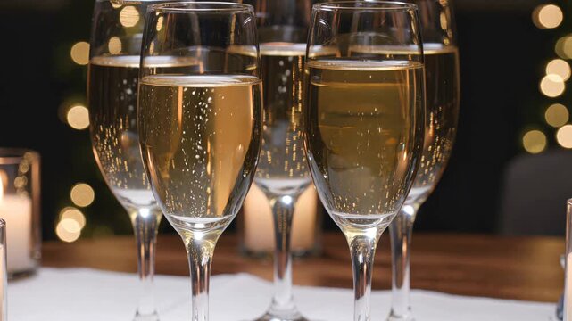 Bubbling champagne glasses on a table for celebration