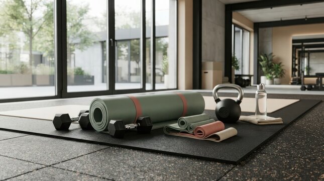 Yoga mat with kettlebell and dumbbells on the floor in a modern home gym fitness studio with large windows and natural sunlight