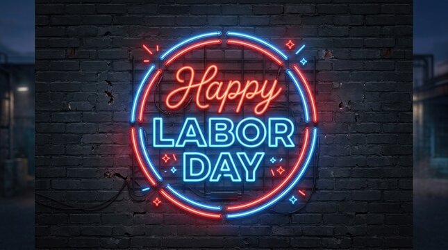 Bright neon sign displaying happy labor day message mounted on a dark textured brick wall background