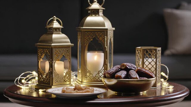 Ramadan Kareem background with lanterns and dates