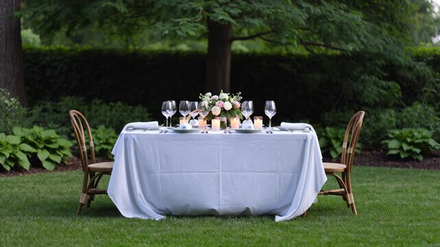 Romantic outdoor garden dinner setting for two