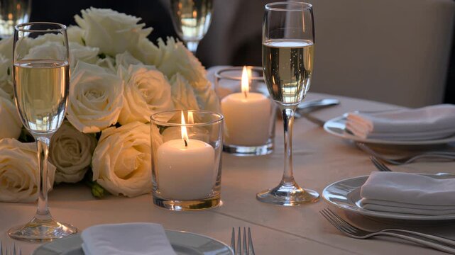 Romantic candlelight dinner with champagne and roses