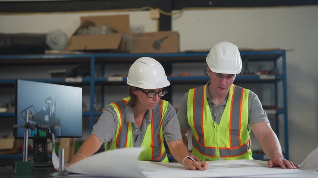 Industrial male and female engineers discussing project on a laptop in a factory. Highlighting teamwork, technology, and mechanical industry business.