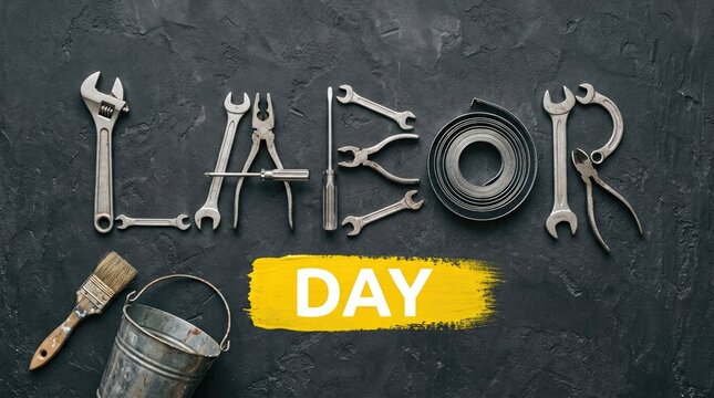 Creative labor day background featuring the word labor spelled with various metal hand tools on dark surface