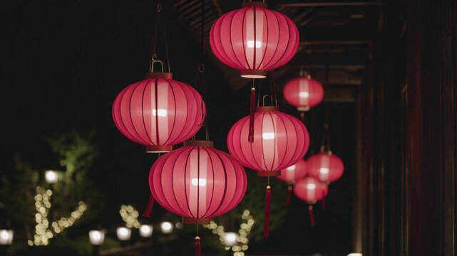 Hanging red chinese lanterns gently swaying at night