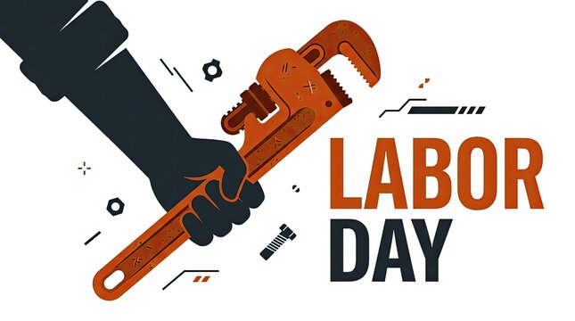 A conceptual illustration celebrating labor day featuring a hand holding a heavy duty pipe wrench tool