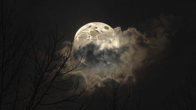 Full moon moving behind dark clouds and tree branches