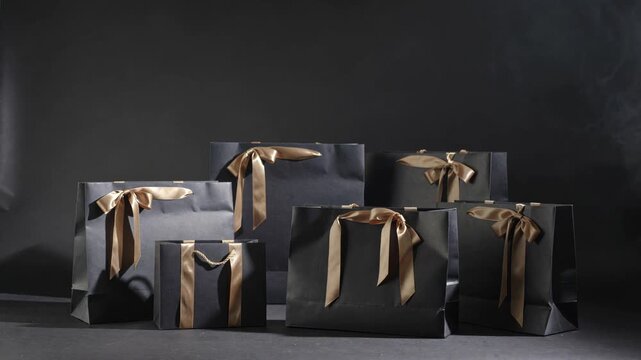 Black friday luxury shopping bags with gold ribbons