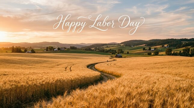 Beautiful golden wheat field at sunset with a greeting text wishing everyone a happy labor day holiday