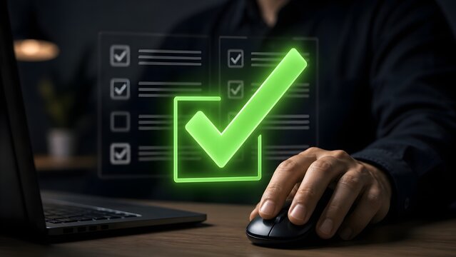Businessman Approving Document with Large Glowing Green Checkmark Icon