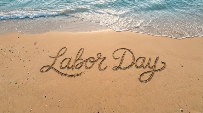 Handwritten labor day message written in the smooth wet sand on a beautiful sunny tropical beach shore