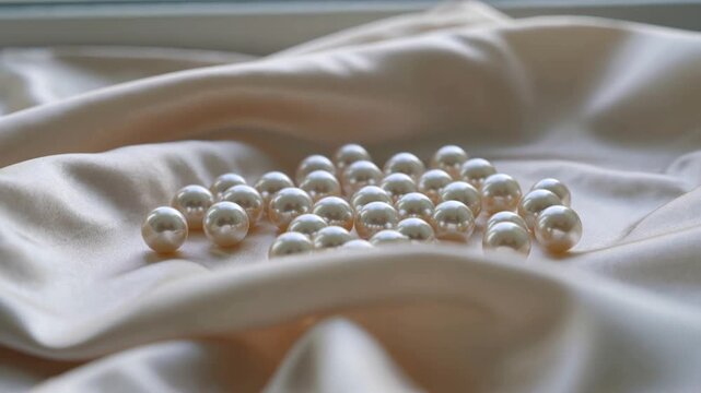 Natural beautiful pearls lying on soft silk fabric