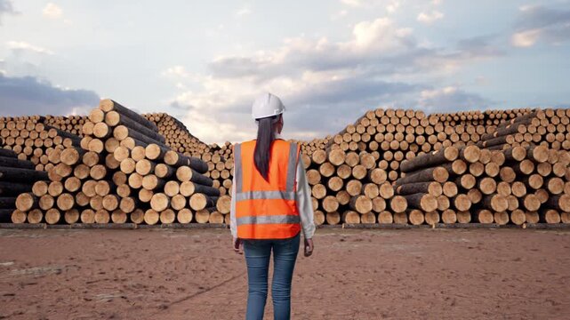 Back of Asian Female Engineer Walking with Stacked timber logs pile at outdoor lumber yard