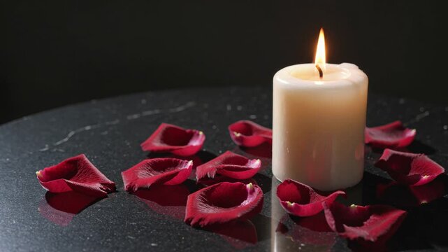 Romantic burning candle with red rose petals
