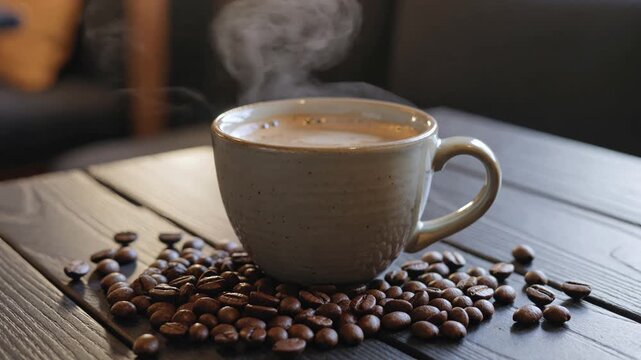Steaming hot cup of coffee with beans on wooden table