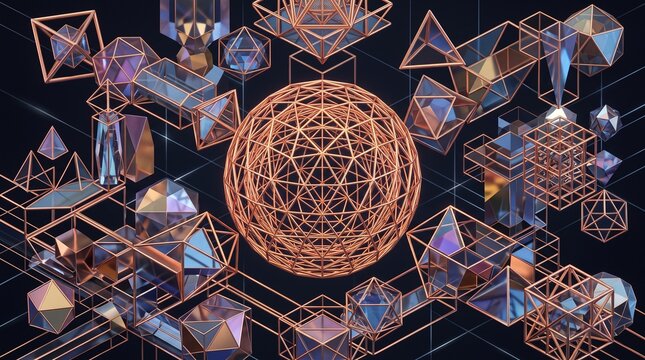 Surreal abstract crystal cluster composition with rose gold wireframe geometry shapes and purple gems on black surface. mystical 3D render with crystal ball and prism stones for spiritual