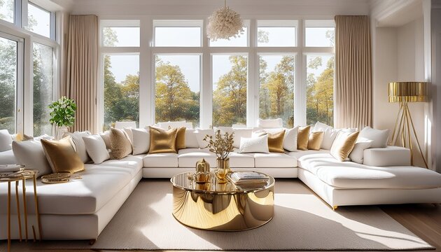 elegant modern living room interior featuring plush white sofas and gold accents in a bright sunlit bay window home space