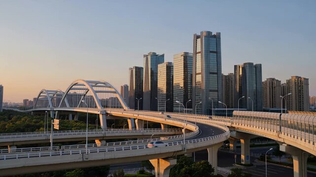 Modern city skyline with highway interchange at sunset