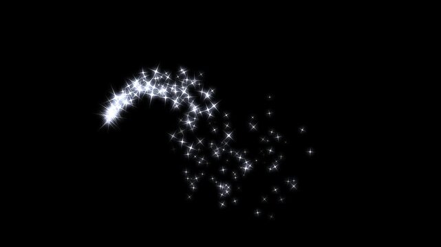 Luxury white glitter sparkle animation, fairy dust, glowing starlet particle wave overlay animation, magical fairy dust sparkle trail backdrop visual on black background. 4k video