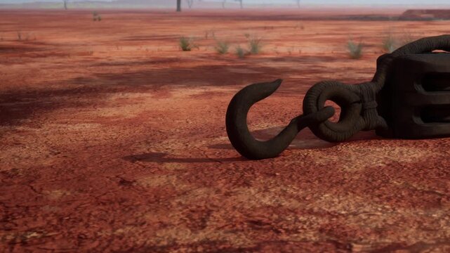 A rusty hook is resting on cracked, dry earth in a barren area during sunset. Shadows stretch across the land as the sun sets, highlighting the textures of the ground.