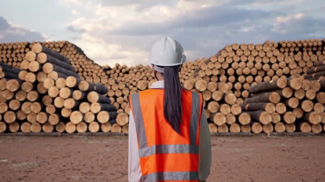 Back of Asian Female Engineer Walking with Stacked timber logs pile at outdoor lumber yard