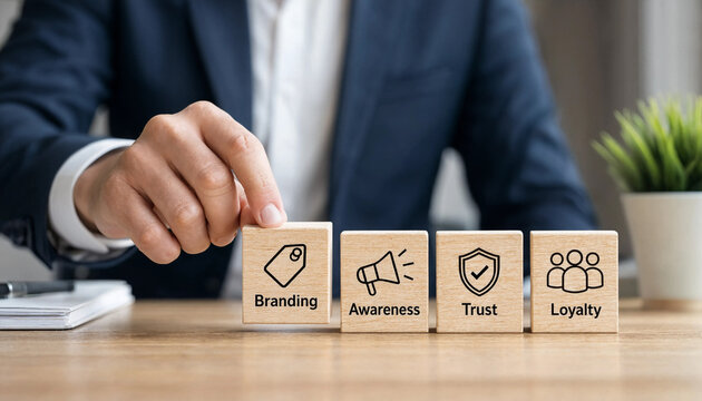 Businessman arranging wooden blocks with business concept icons representing branding awareness trust and loyalty strategies