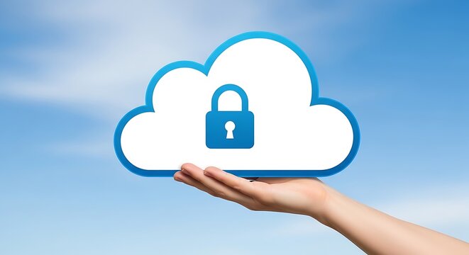 Hand holding a cloud icon with a padlock, symbolizing secure cloud storage and data protection