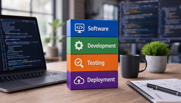 Stack of colorful blocks representing software development testing and deployment lifecycle concepts