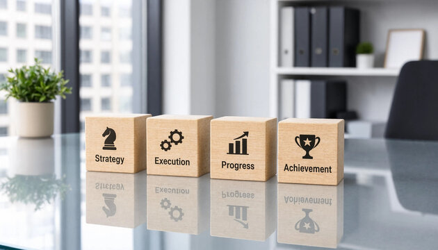 Wooden blocks with business icons for strategy execution progress and achievement on office desk