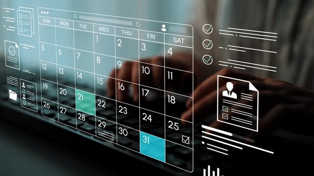 Digital Calendar Interface with Hands Typing on Keyboard in Soft Focus, Illustrating Modern Technology and Time Management Concepts in a Professional Setting. Entropy.