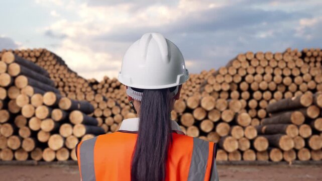 Back of Asian Female Engineer Walking with Stacked timber logs pile at outdoor lumber yard